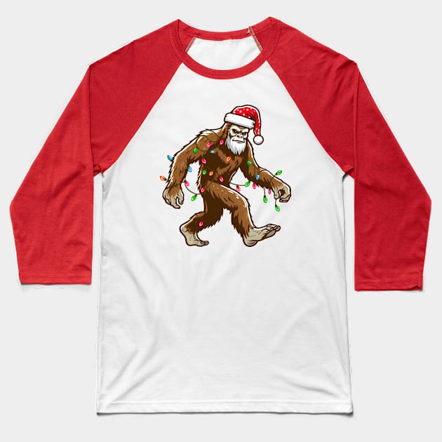 Bigfoot Santa Christmas Tree Lights Baseball T-Shirt by Etopix